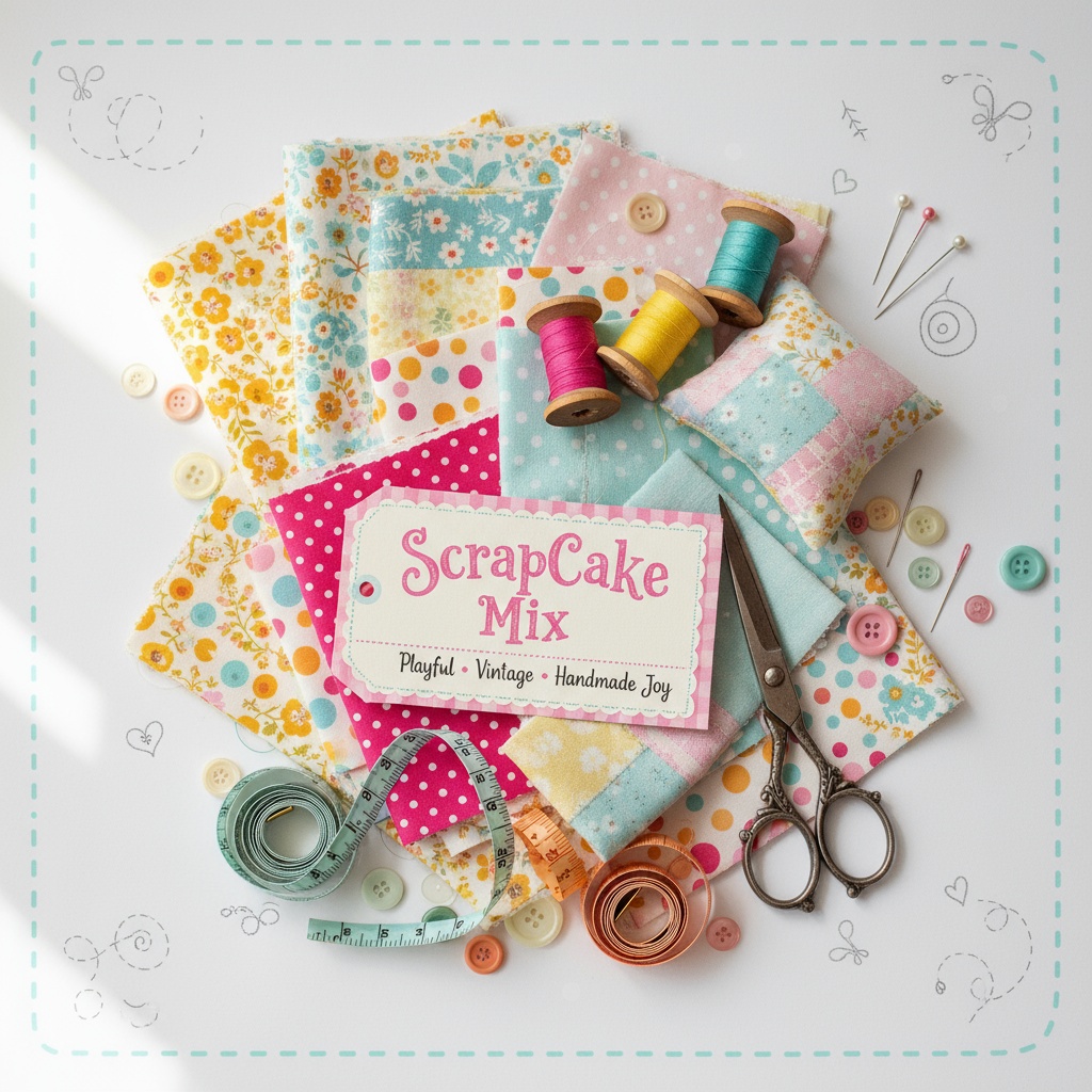 Colorful SewnCake fabric scraps, thread spools and sewing tools